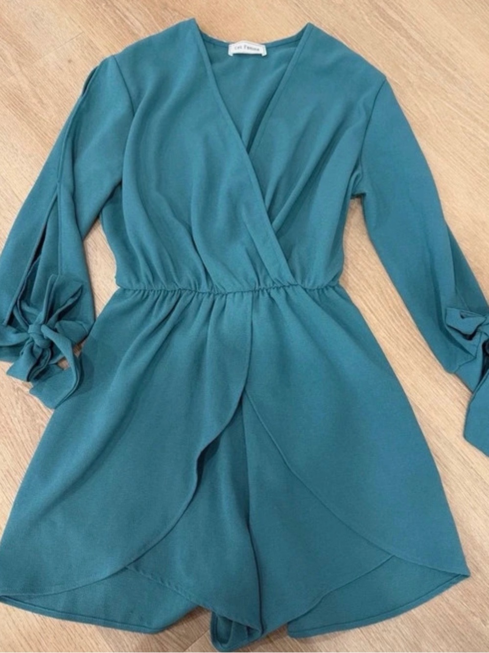Teal Wrap-Front Long Sleeve Dress